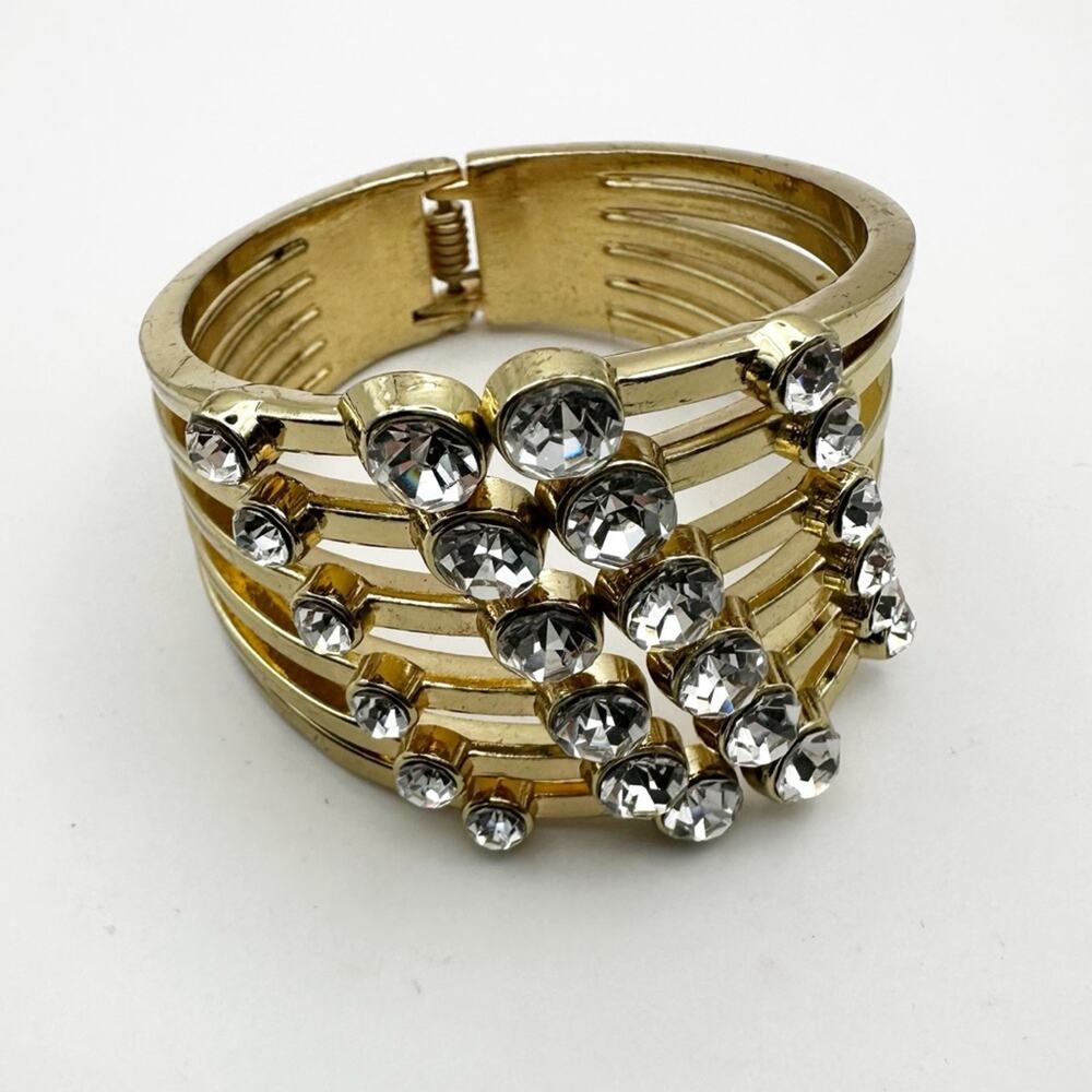 Thalia Sodi Gold tone Rhinestone Cuff Bracelet Statement Wide Bangle Clamper